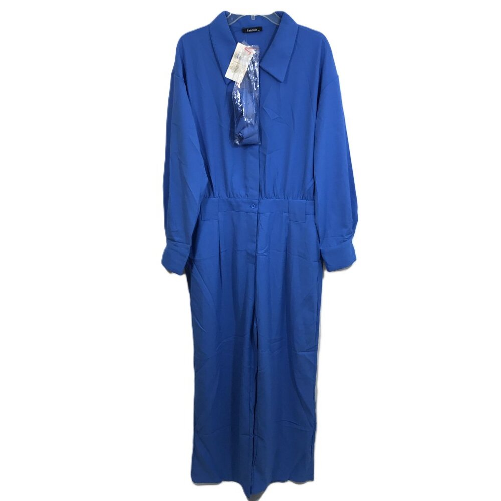 Lightweight Wide Leg Jumpsuit Belt Pockets Blue Women XXL